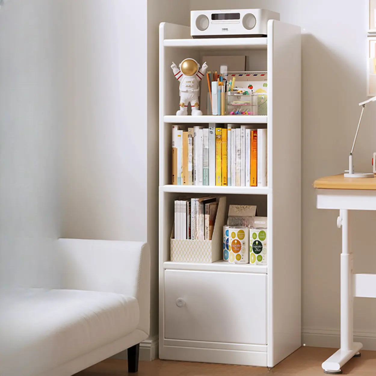 White Elegant Wood Narrow Bookcase — Oak/ White