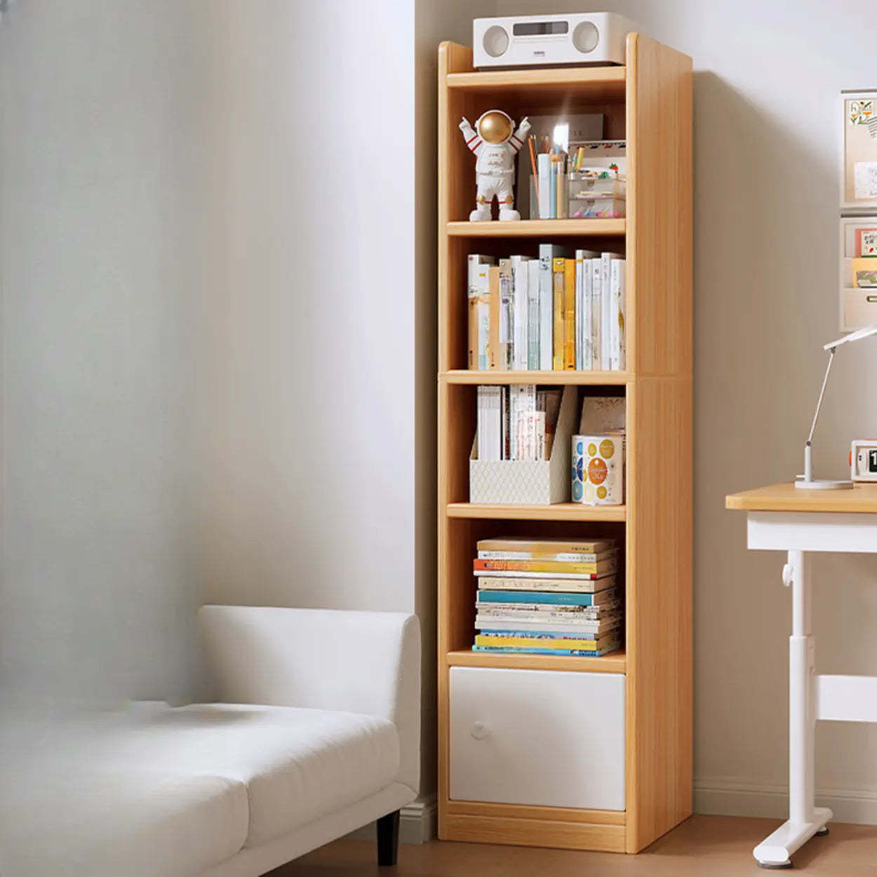 White Elegant Wood Narrow Bookcase — Warm White