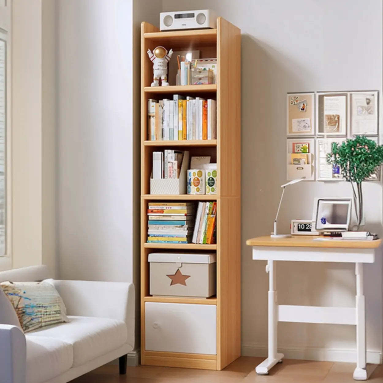 White Elegant Wood Narrow Bookcase — Oak/ White