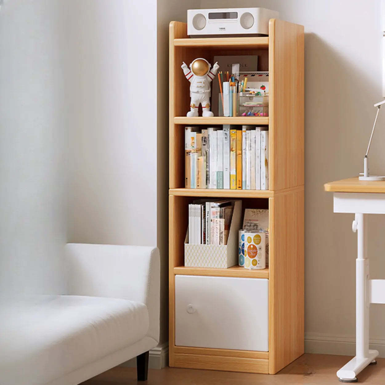 White Elegant Wood Narrow Bookcase — Warm White