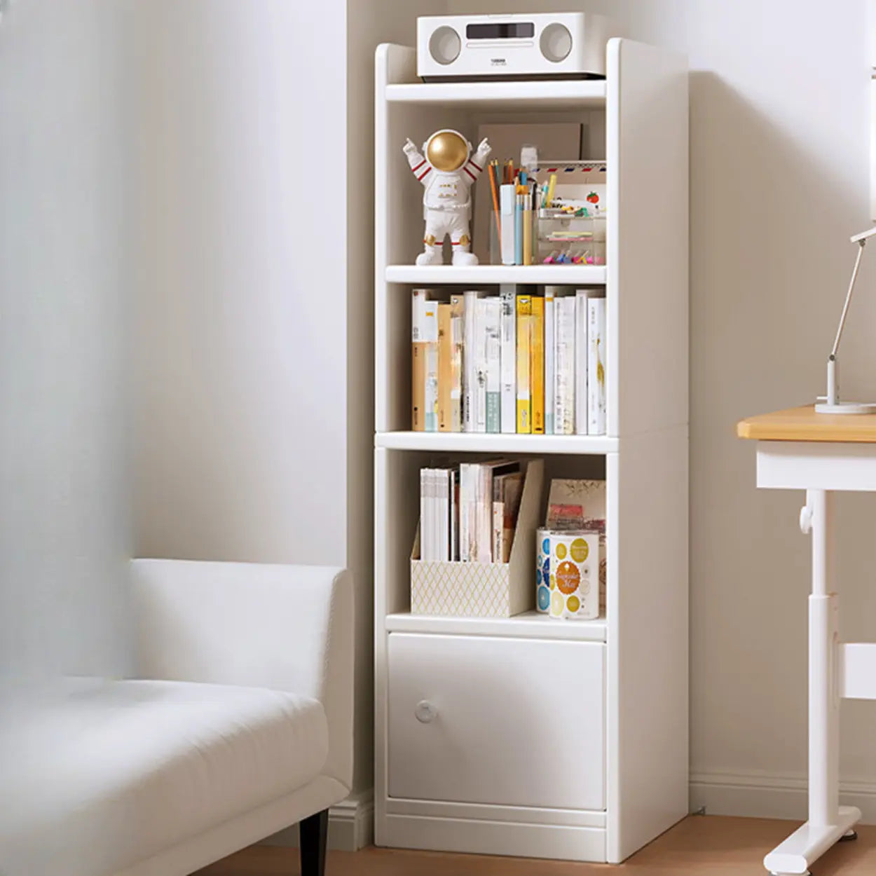 White Elegant Wood Narrow Bookcase — Oak/ White