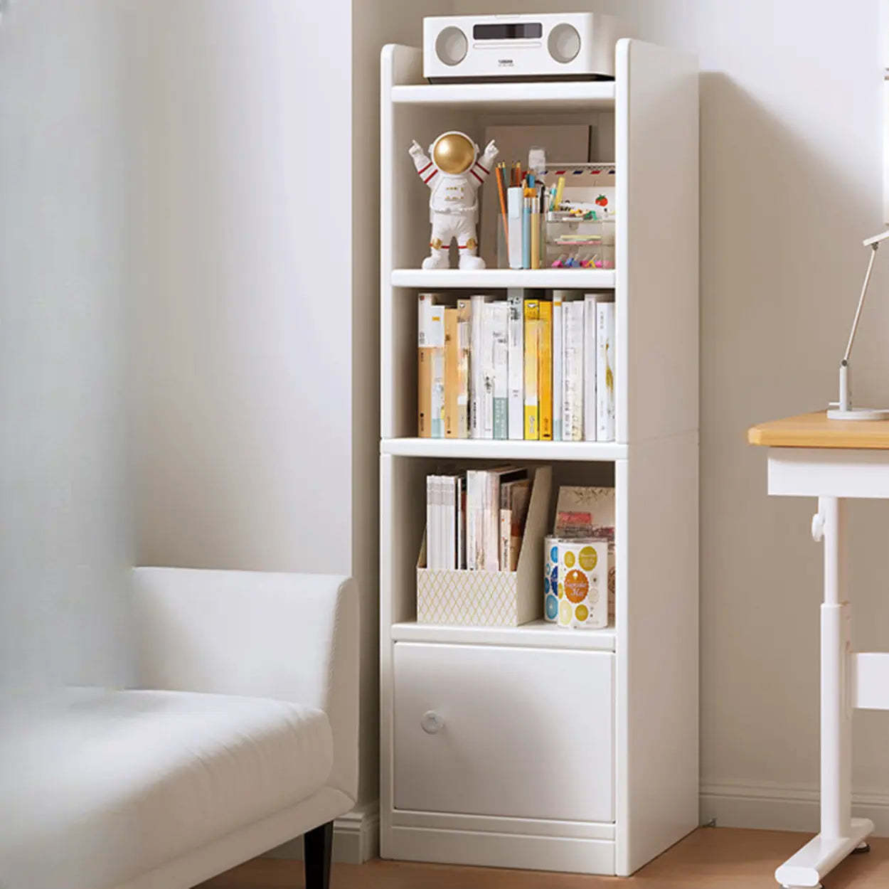 White Elegant Wood Narrow Bookcase — Oak/ White