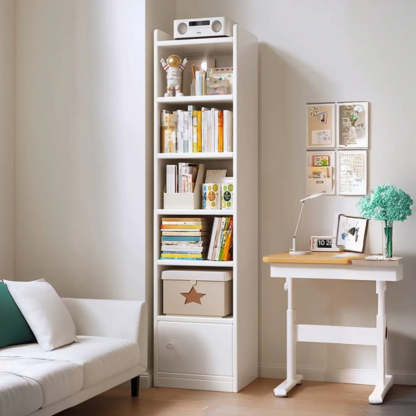 White Elegant Wood Narrow Bookcase — Warm White