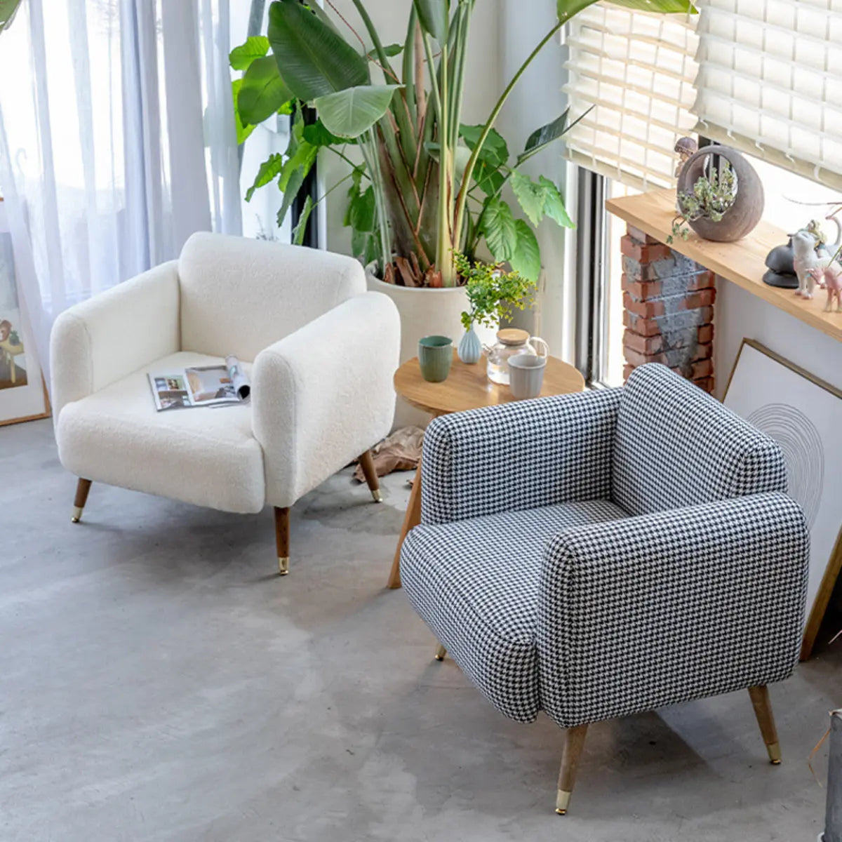White Faux Cashmere Fixed-Back Arm Chair — Houndstooth pattern / Linen