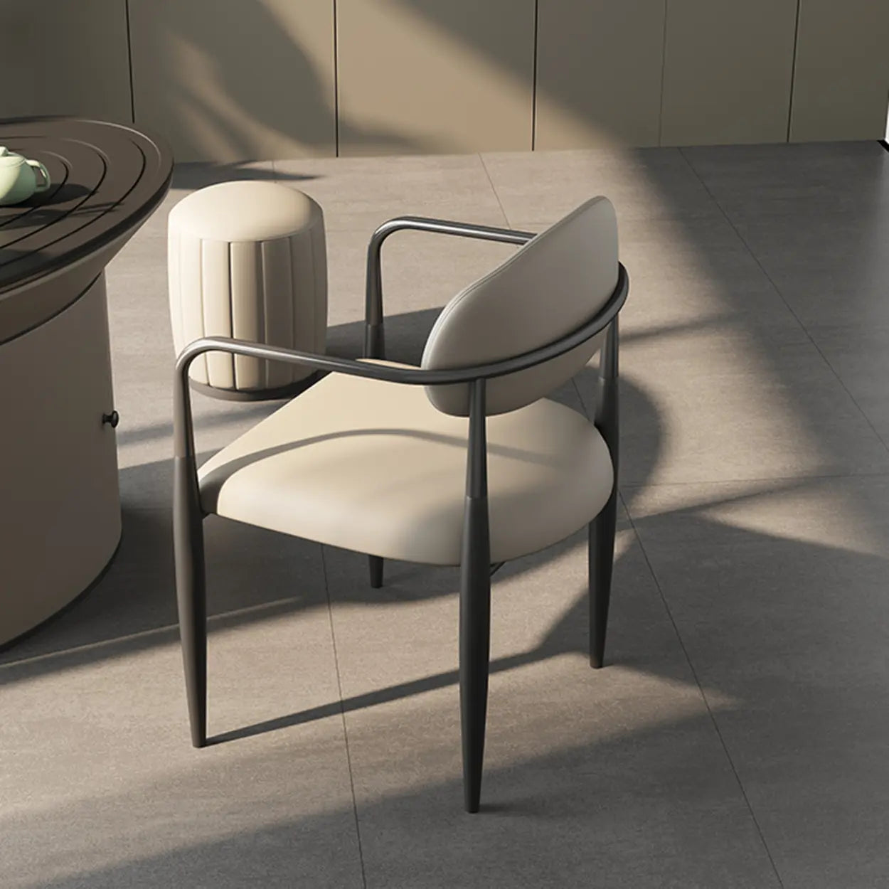 White Faux Leather Padded Armrest Dining Chair — Gold