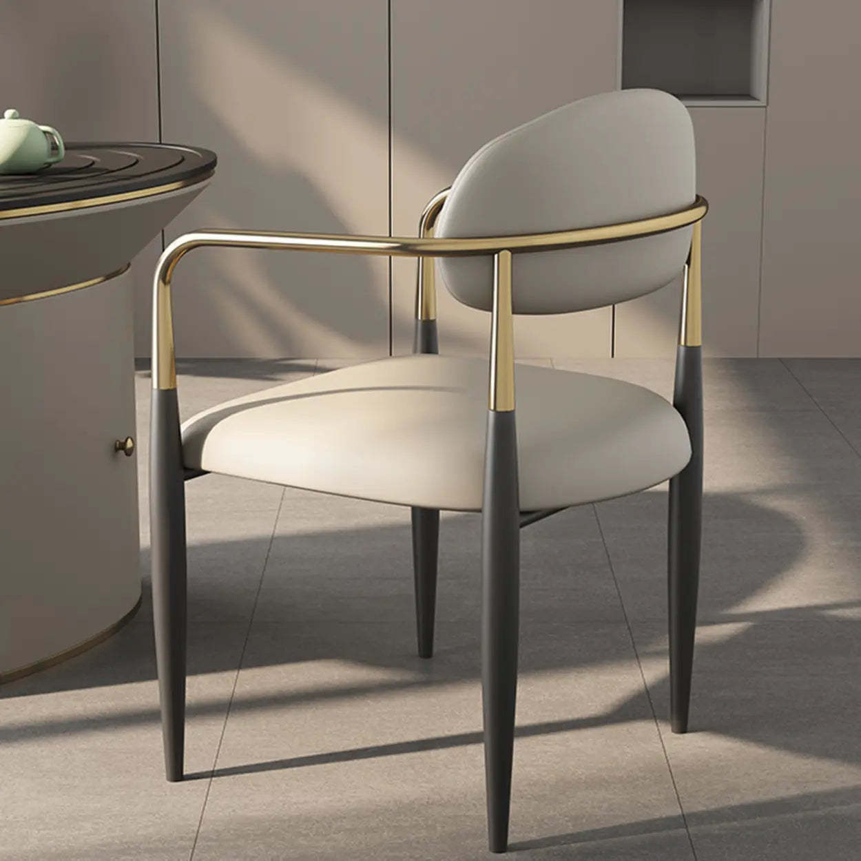 White Faux Leather Padded Armrest Dining Chair