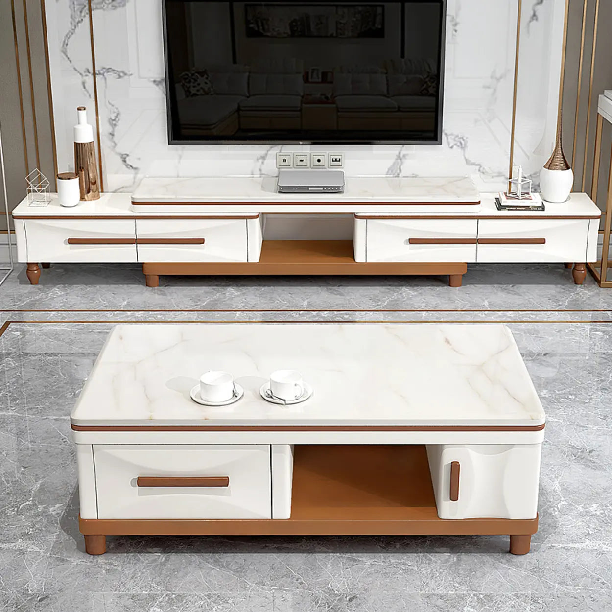 White Faux Marble Rectangular Long TV Stand — White