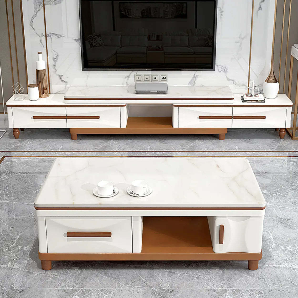 White Faux Marble Rectangular Long TV Stand — White