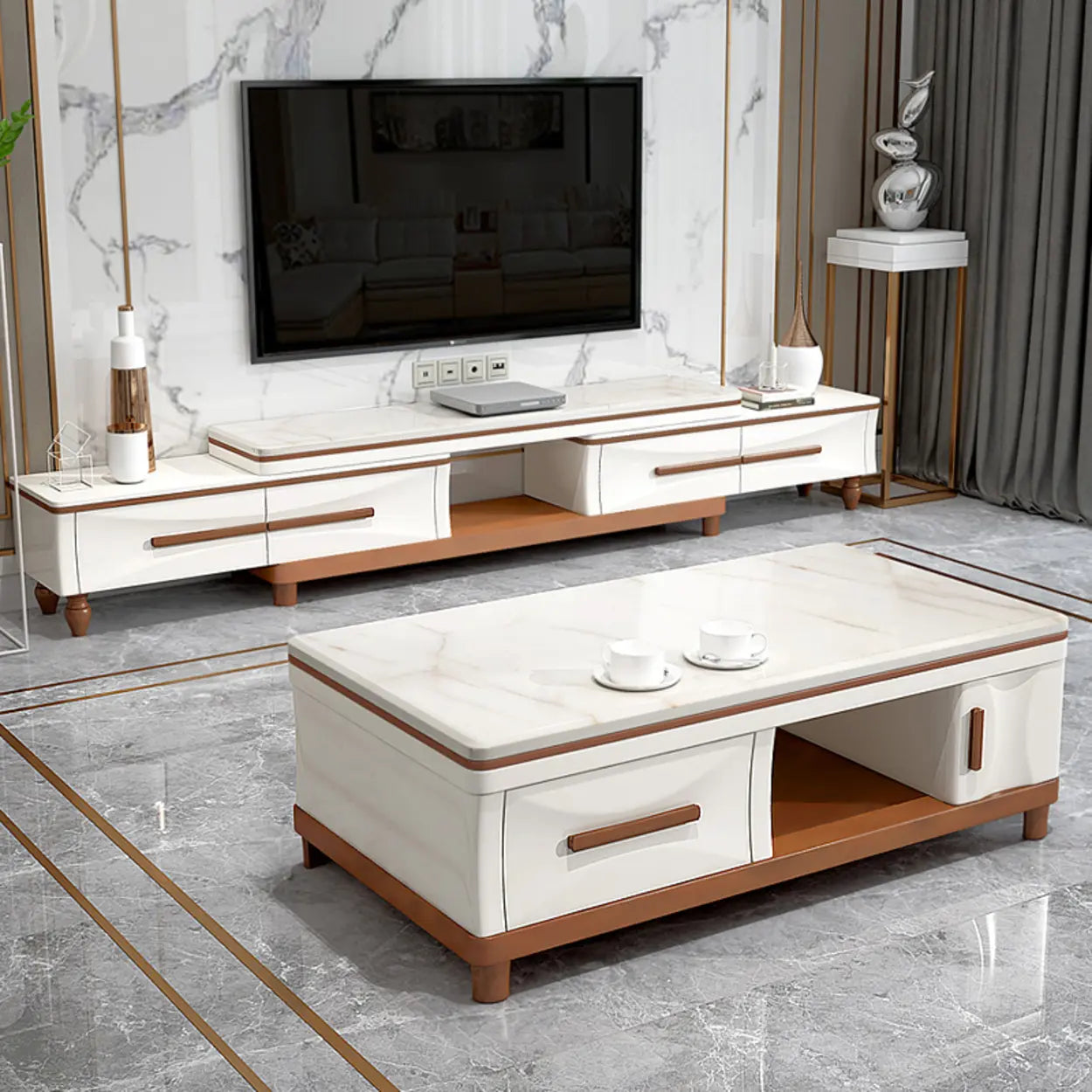White Faux Marble Rectangular Long TV Stand