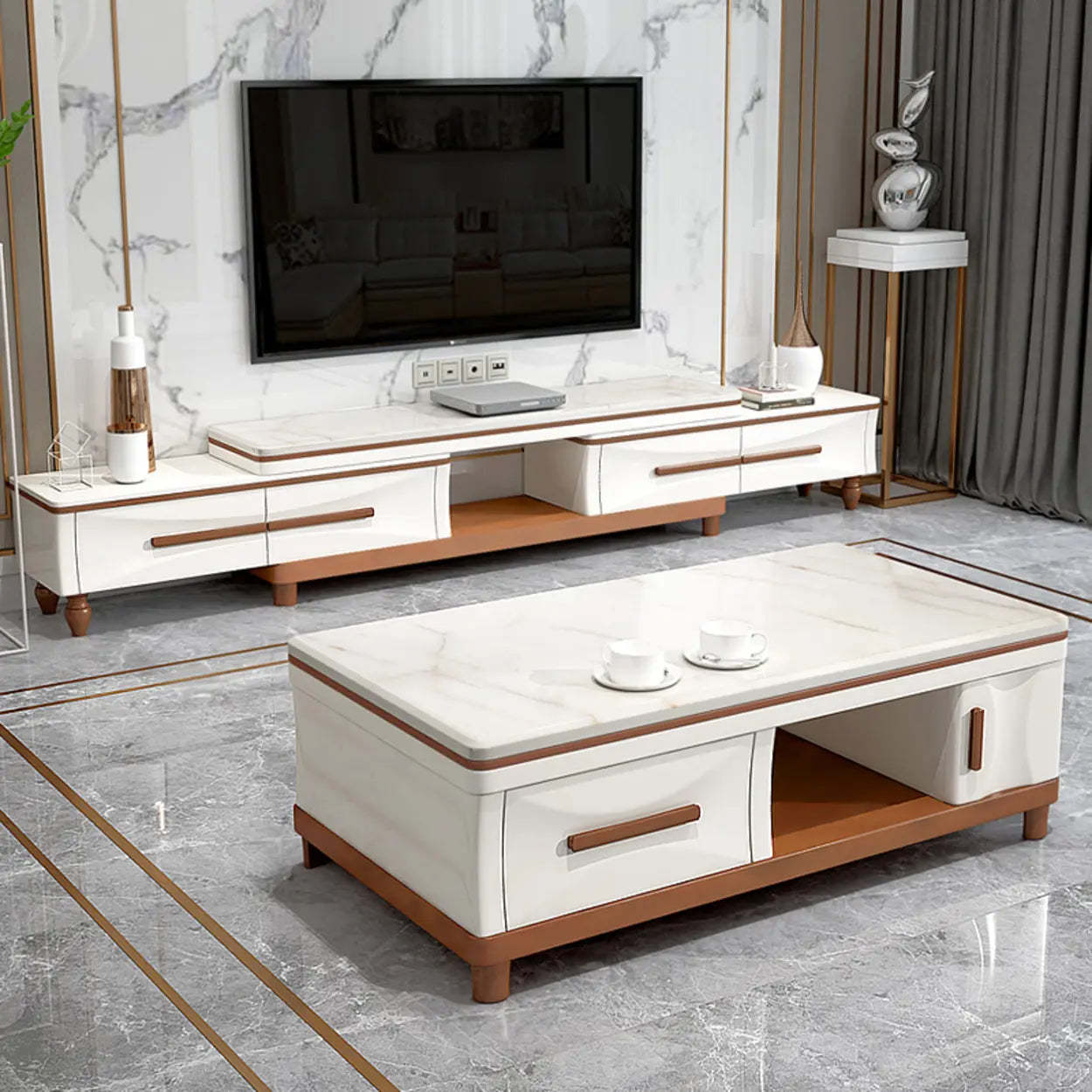 White Faux Marble Rectangular Long TV Stand