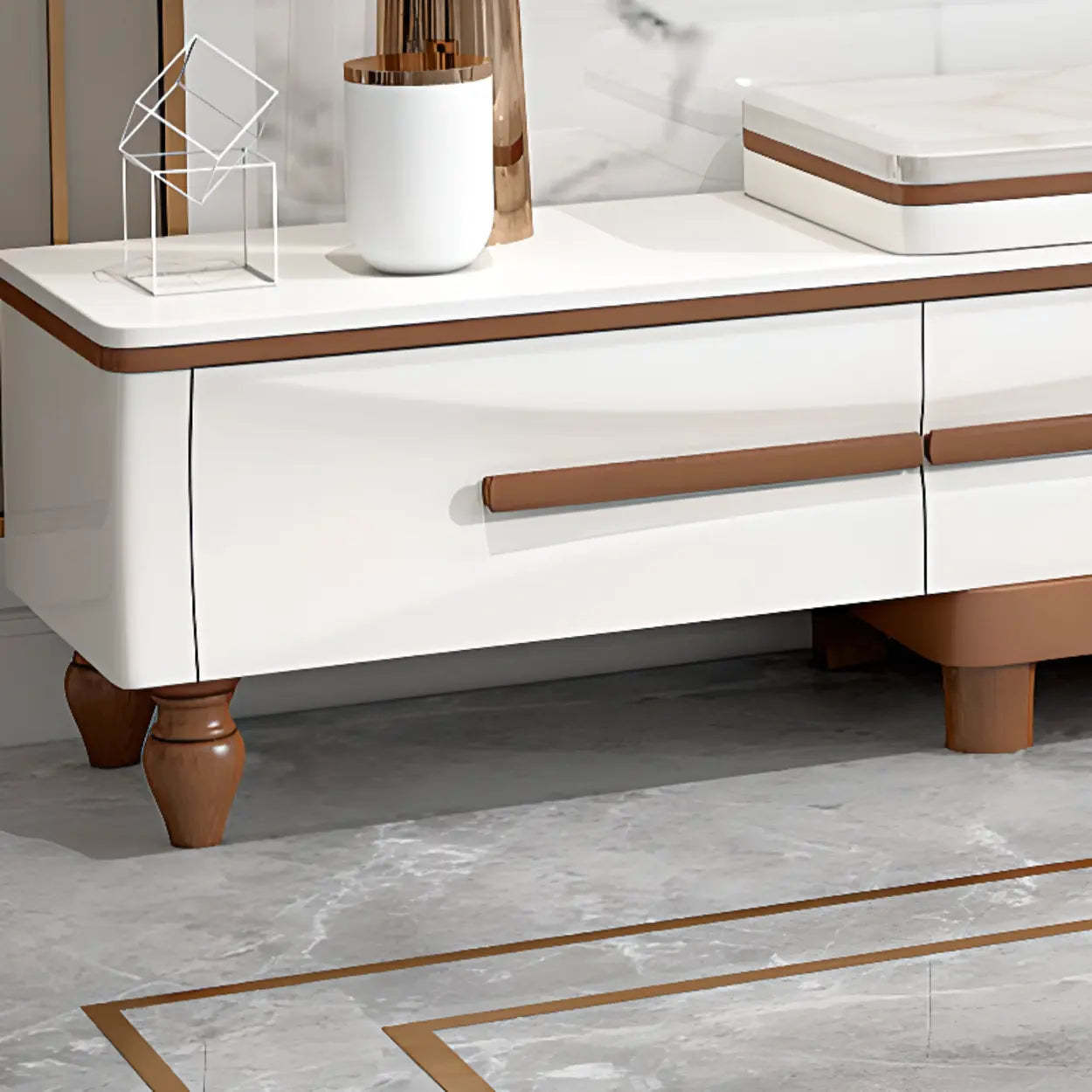 White Faux Marble Rectangular Long TV Stand