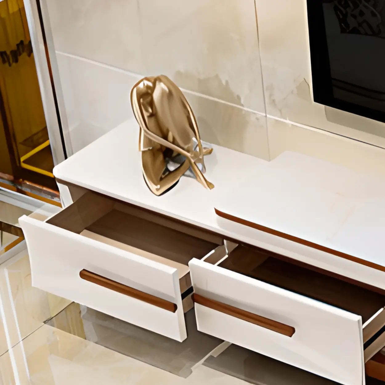 White Faux Marble Rectangular Long TV Stand