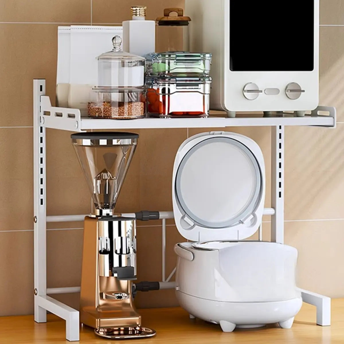 White Fixed Metal Baker's Rack with Microwave Shelf — Black
