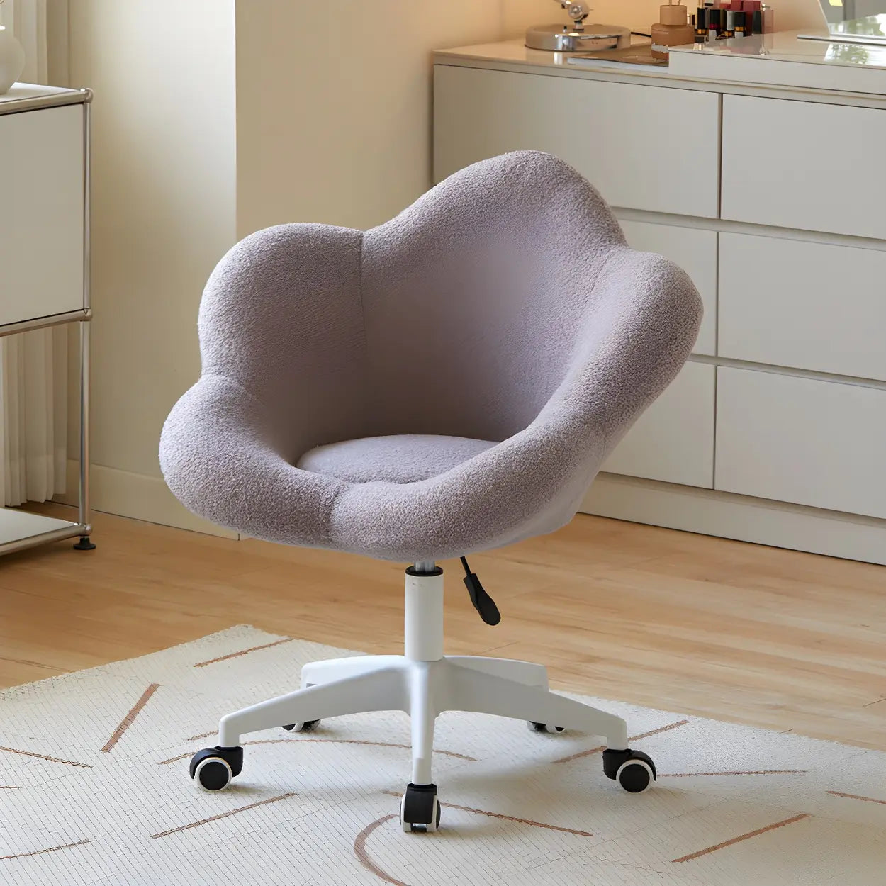 White Flower-Shaped Faux Fur Swivel Vanity Stool — Pink / Black Frame / 1 Piece