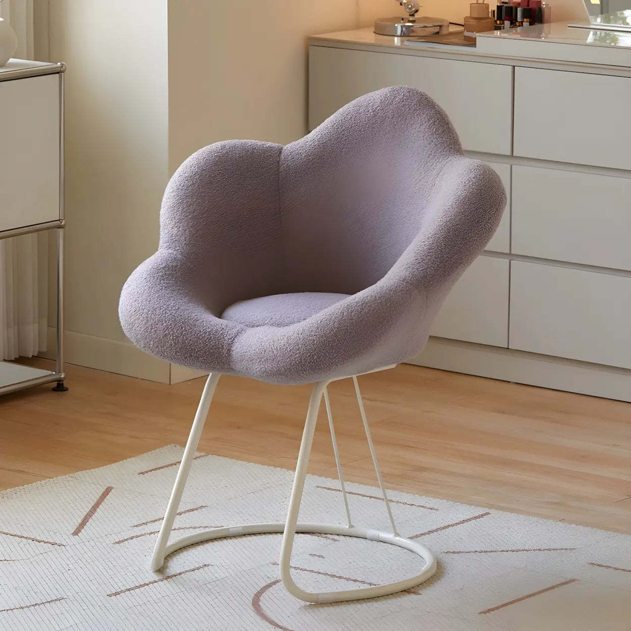 White Flower-Shaped Faux Fur Swivel Vanity Stool — Pink / White Frame / 1 Piece