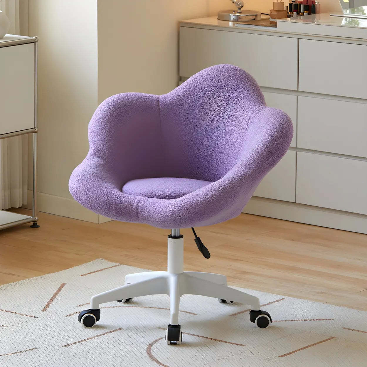 White Flower-Shaped Faux Fur Swivel Vanity Stool — Orange / Black Frame / 1 Piece