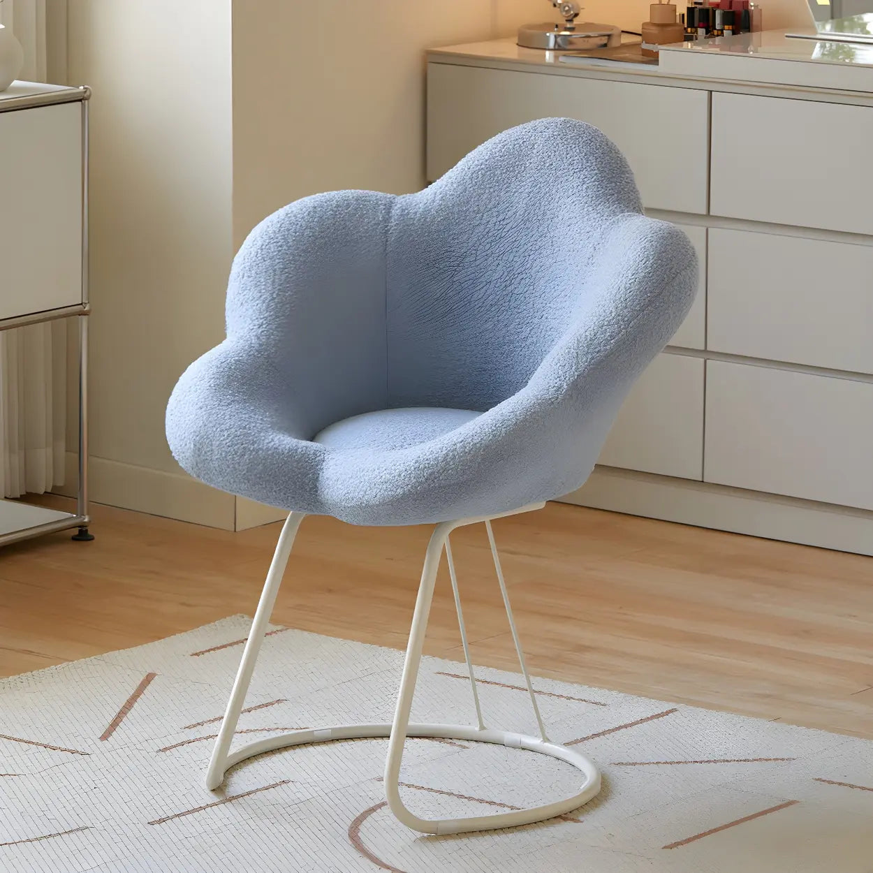White Flower-Shaped Faux Fur Swivel Vanity Stool — Grey / White Frame / 1 Piece