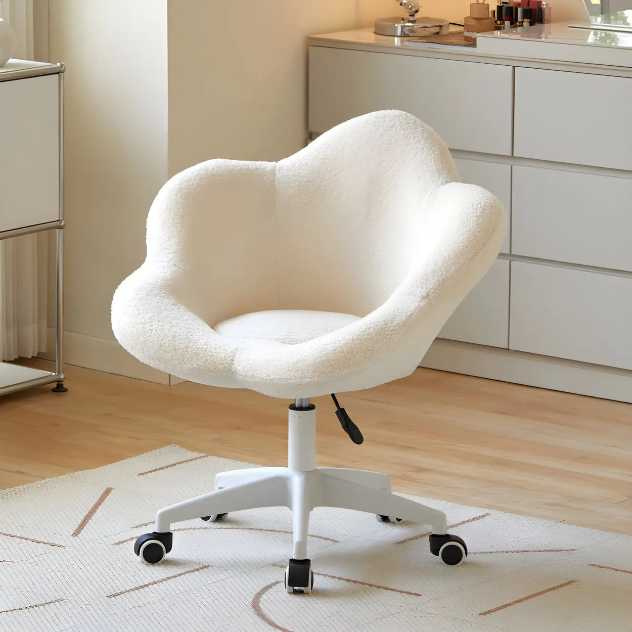 White Flower-Shaped Faux Fur Swivel Vanity Stool