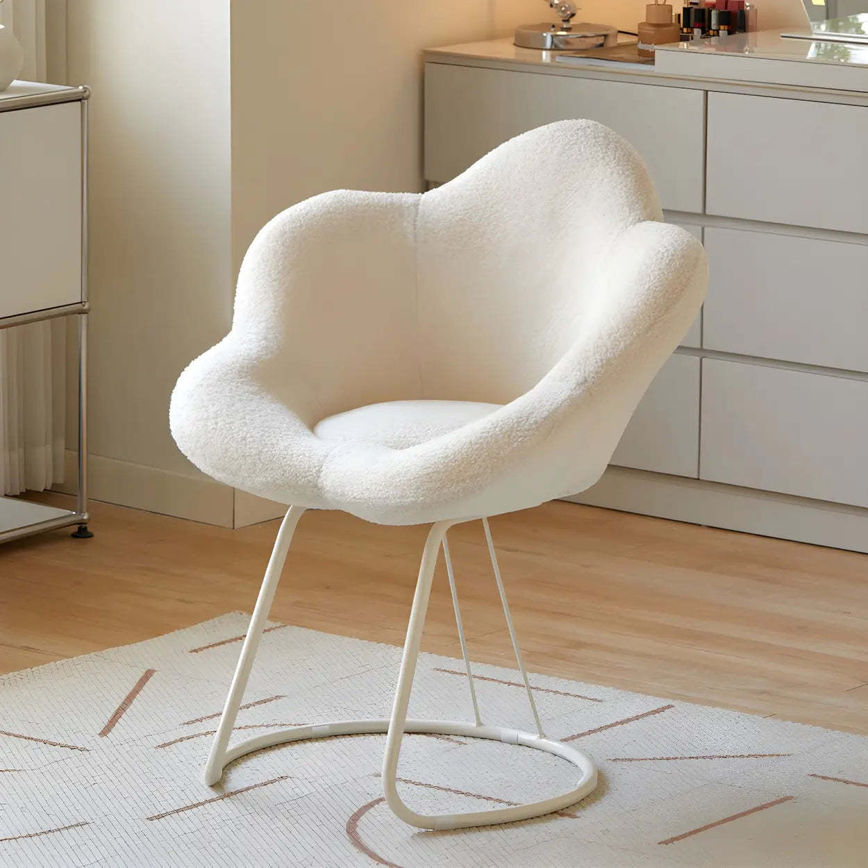 White Flower-Shaped Faux Fur Swivel Vanity Stool