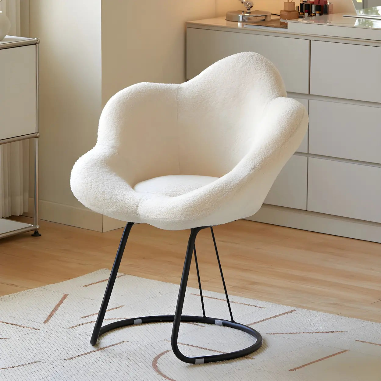 White Flower-Shaped Faux Fur Swivel Vanity Stool