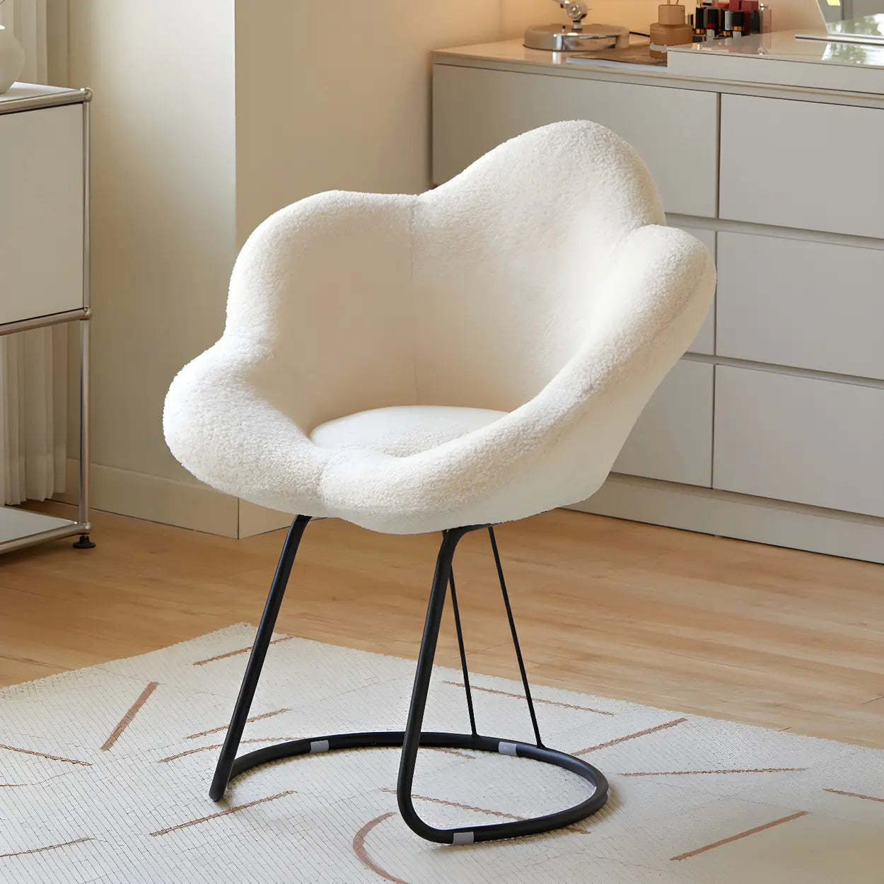 White Flower-Shaped Faux Fur Swivel Vanity Stool