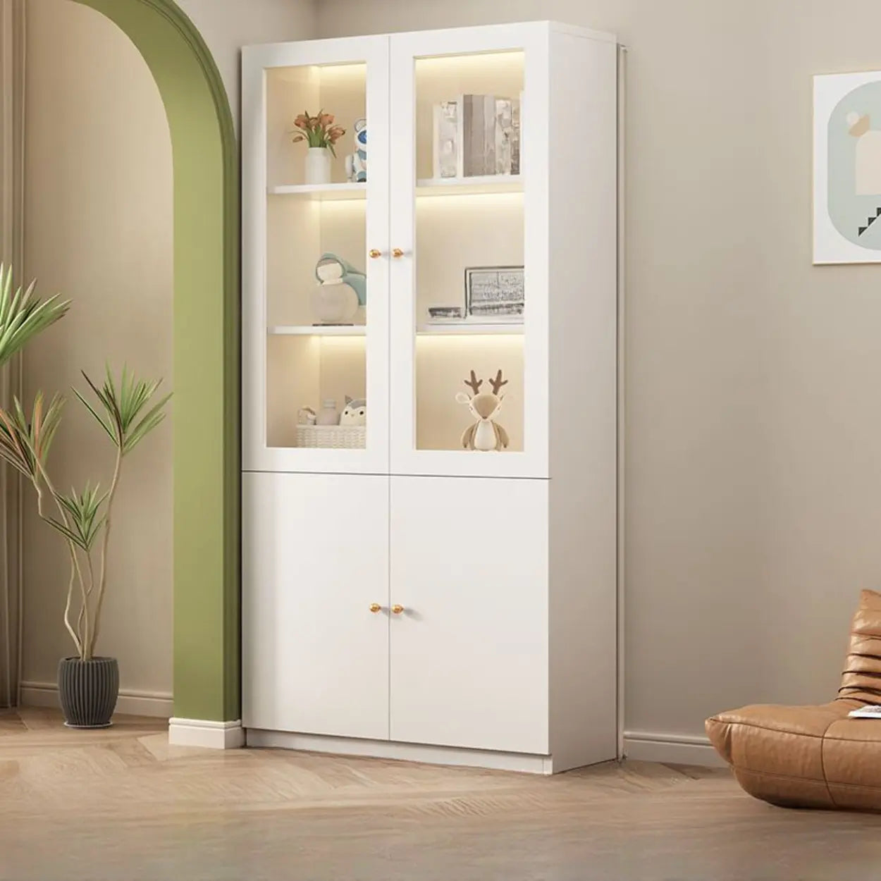 White French Wood Glass-Door Display Bookcase — Transparent Glass / 1
