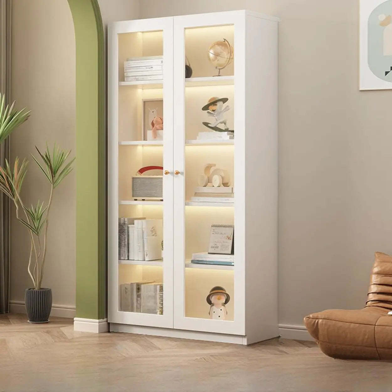White French Wood Glass-Door Display Bookcase — Transparent Glass / 1