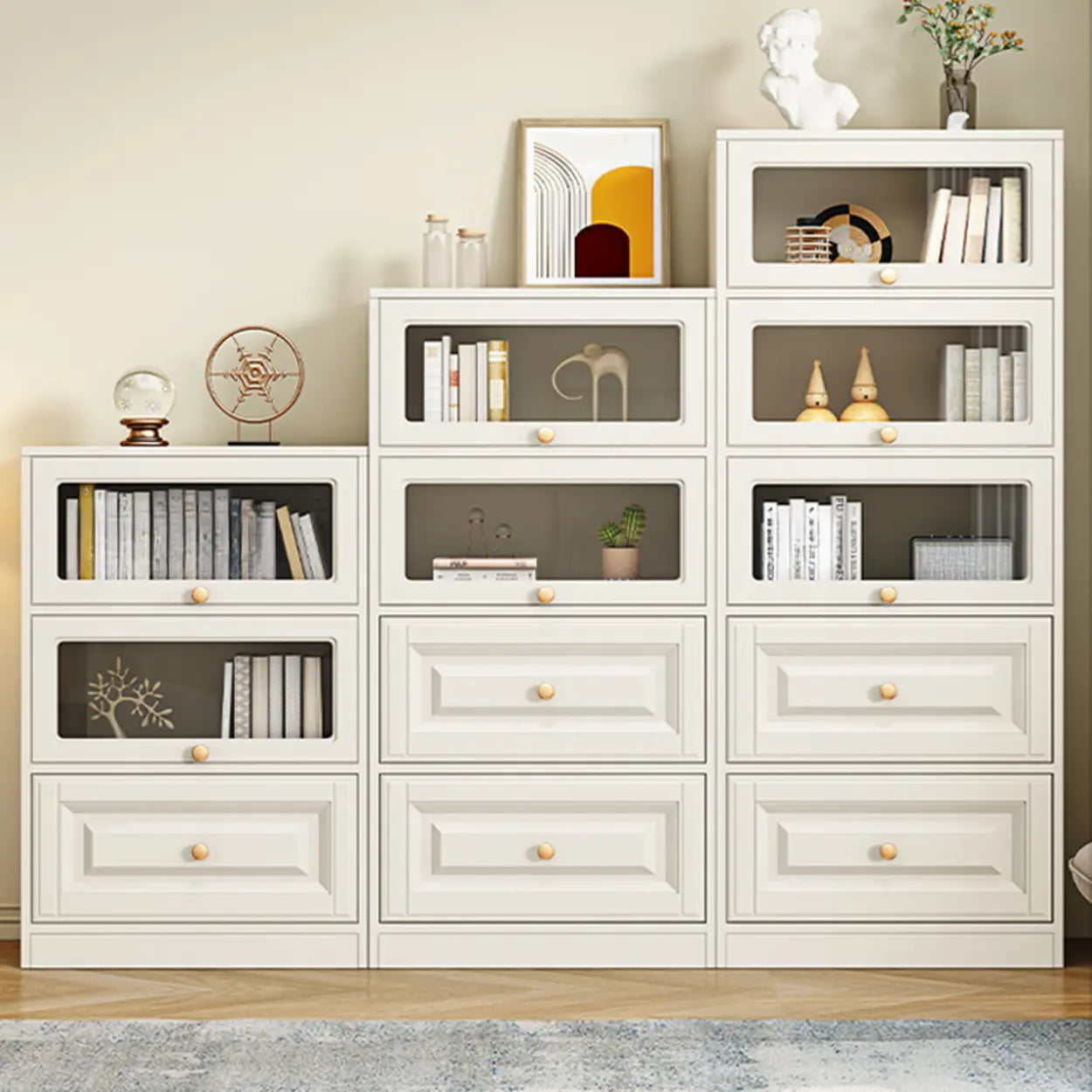 White French Vertical Wood Drawer Bookcase