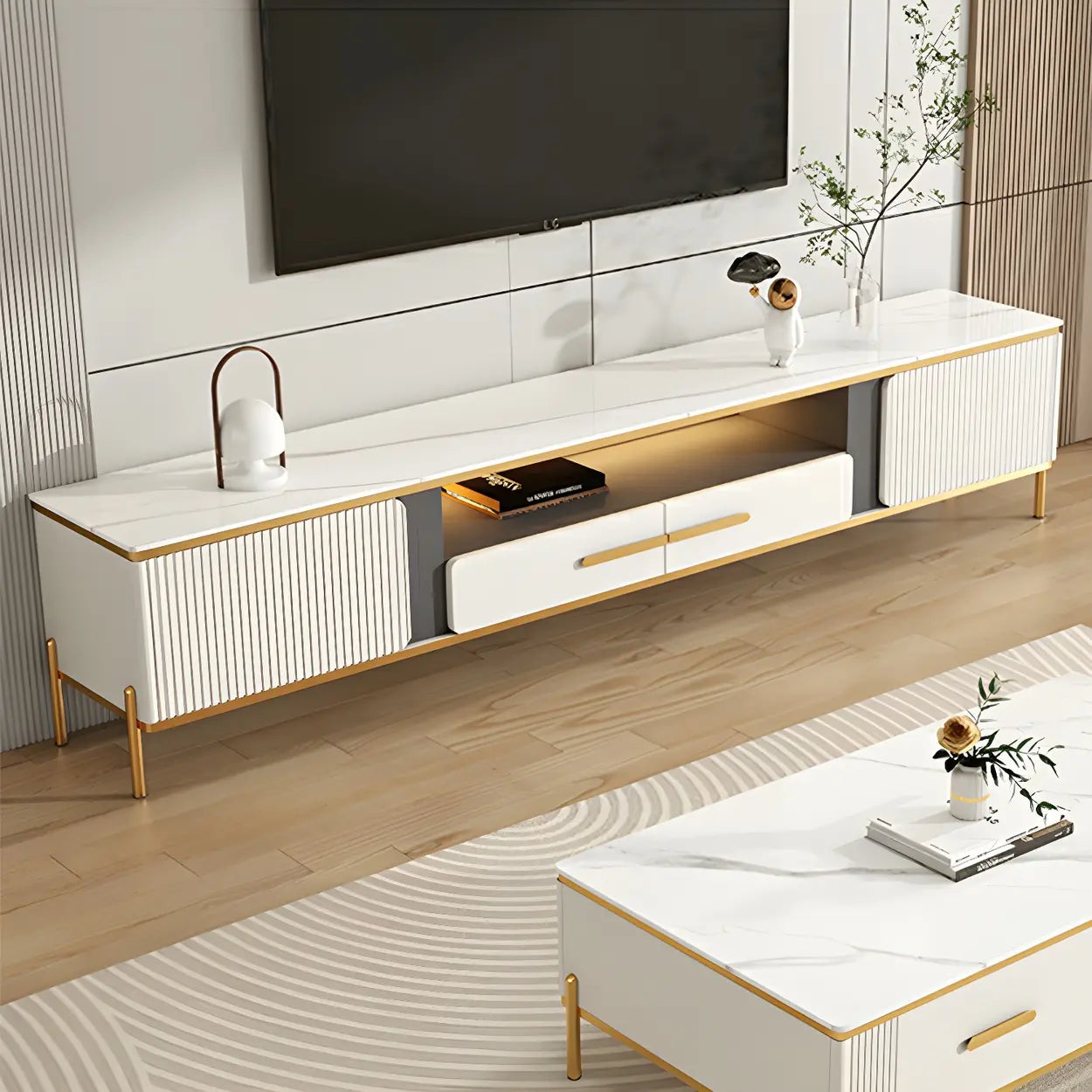 White Glass Open-Storage Drawer TV Stand with Legs — White