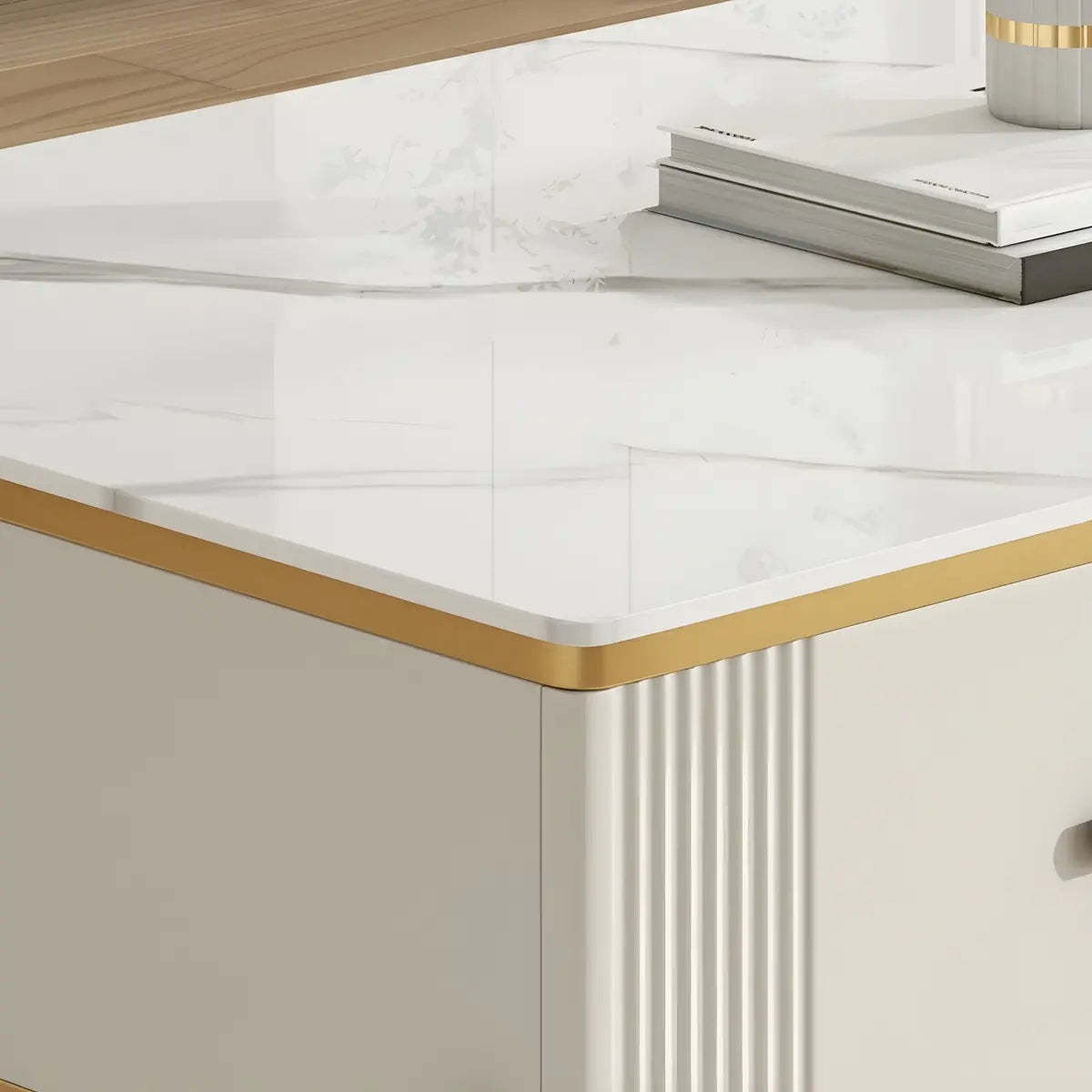 White Glass Open-Storage Drawer TV Stand with Legs