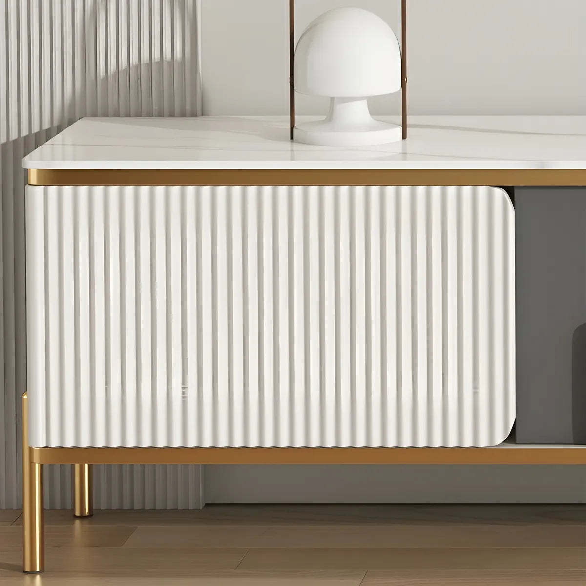 White Glass Open-Storage Drawer TV Stand with Legs