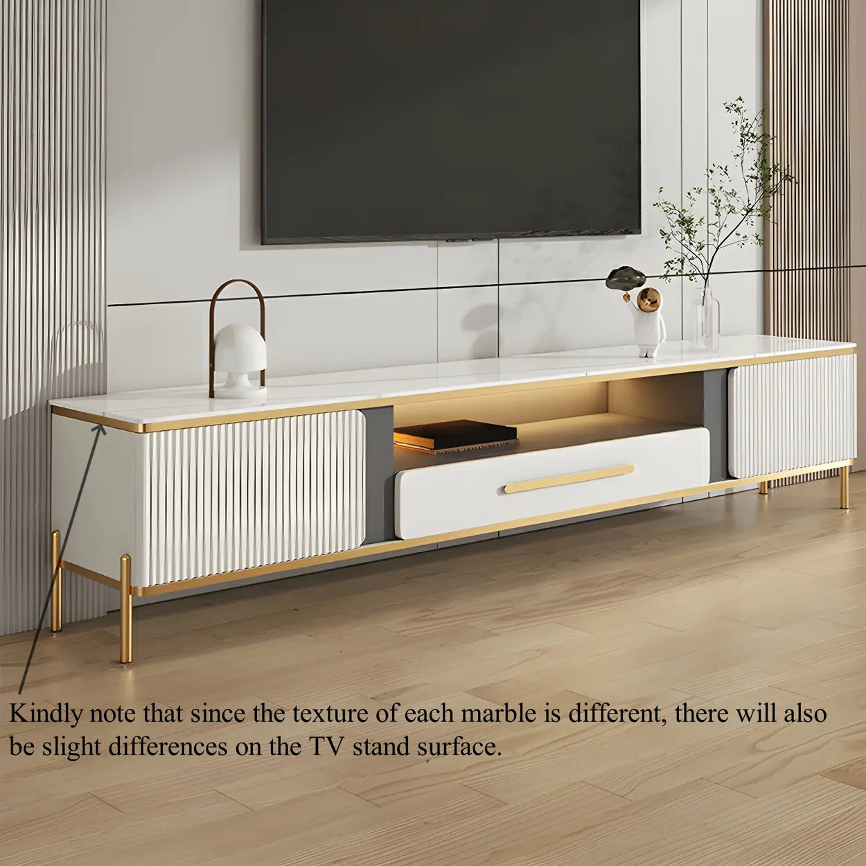 White Glass Open-Storage Drawer TV Stand with Legs — White