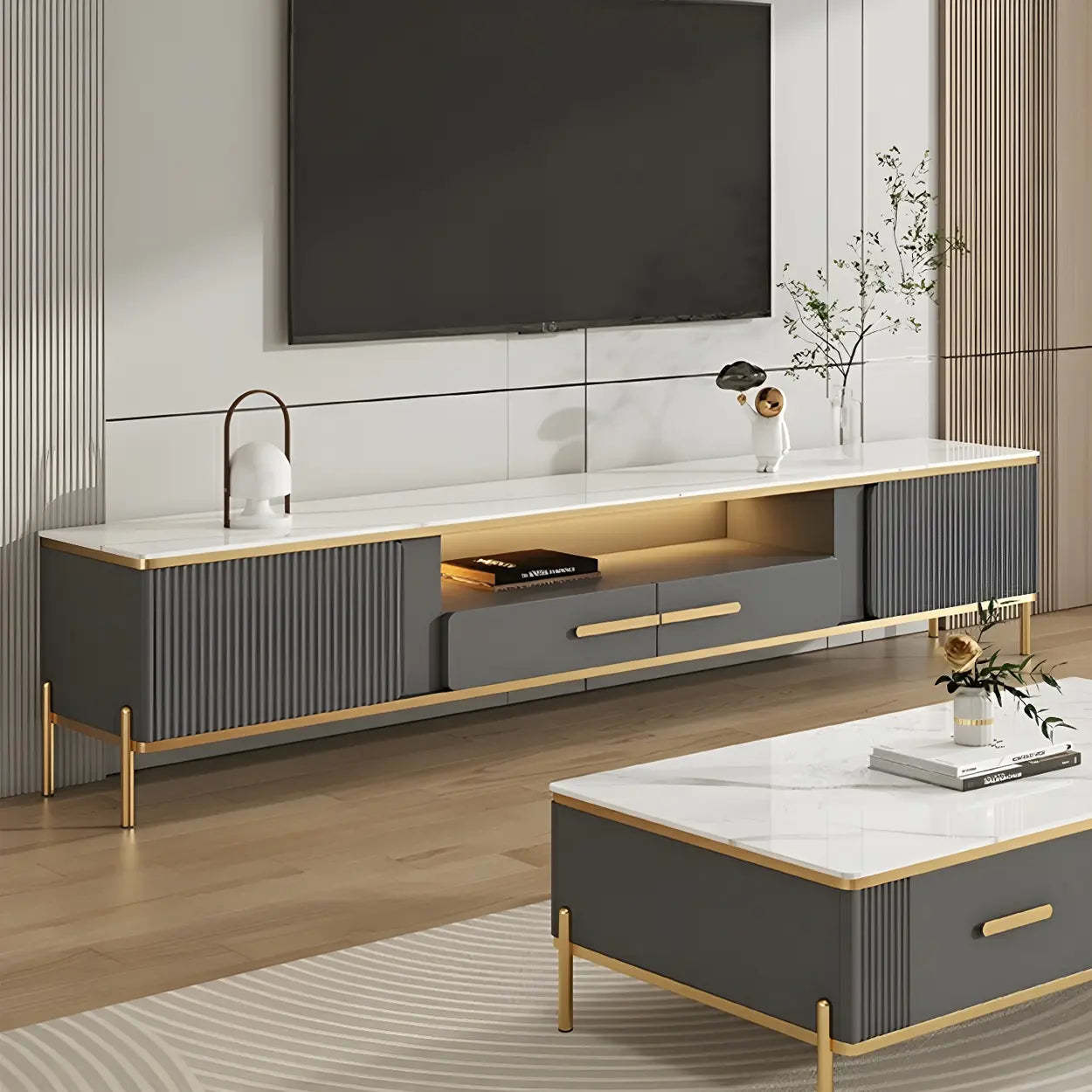White Glass Open-Storage Drawer TV Stand with Legs — White