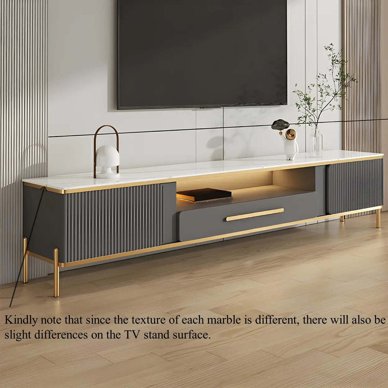White Glass Open-Storage Drawer TV Stand with Legs — Grey