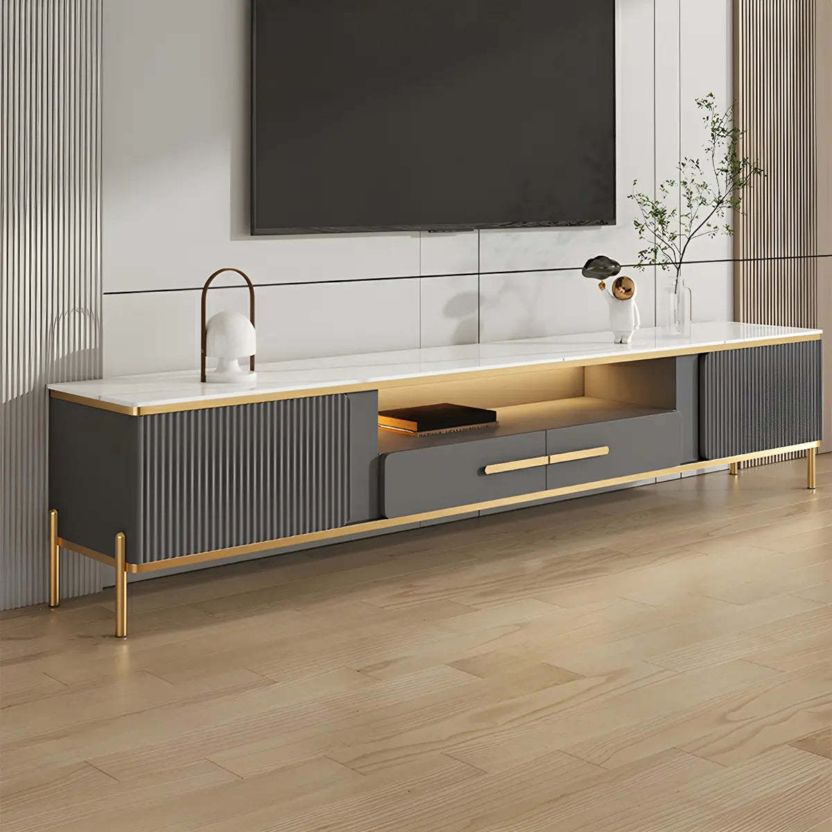 White Glass Open-Storage Drawer TV Stand with Legs — Grey