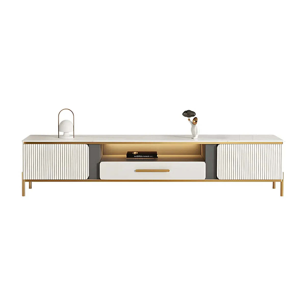 White Glass Open-Storage Drawer TV Stand with Legs