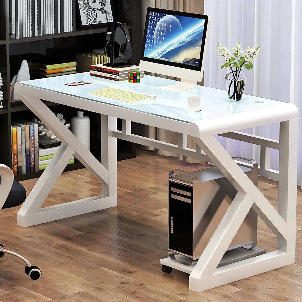 White Glass Steel Sledge Gaming Desk — Black / Table Only