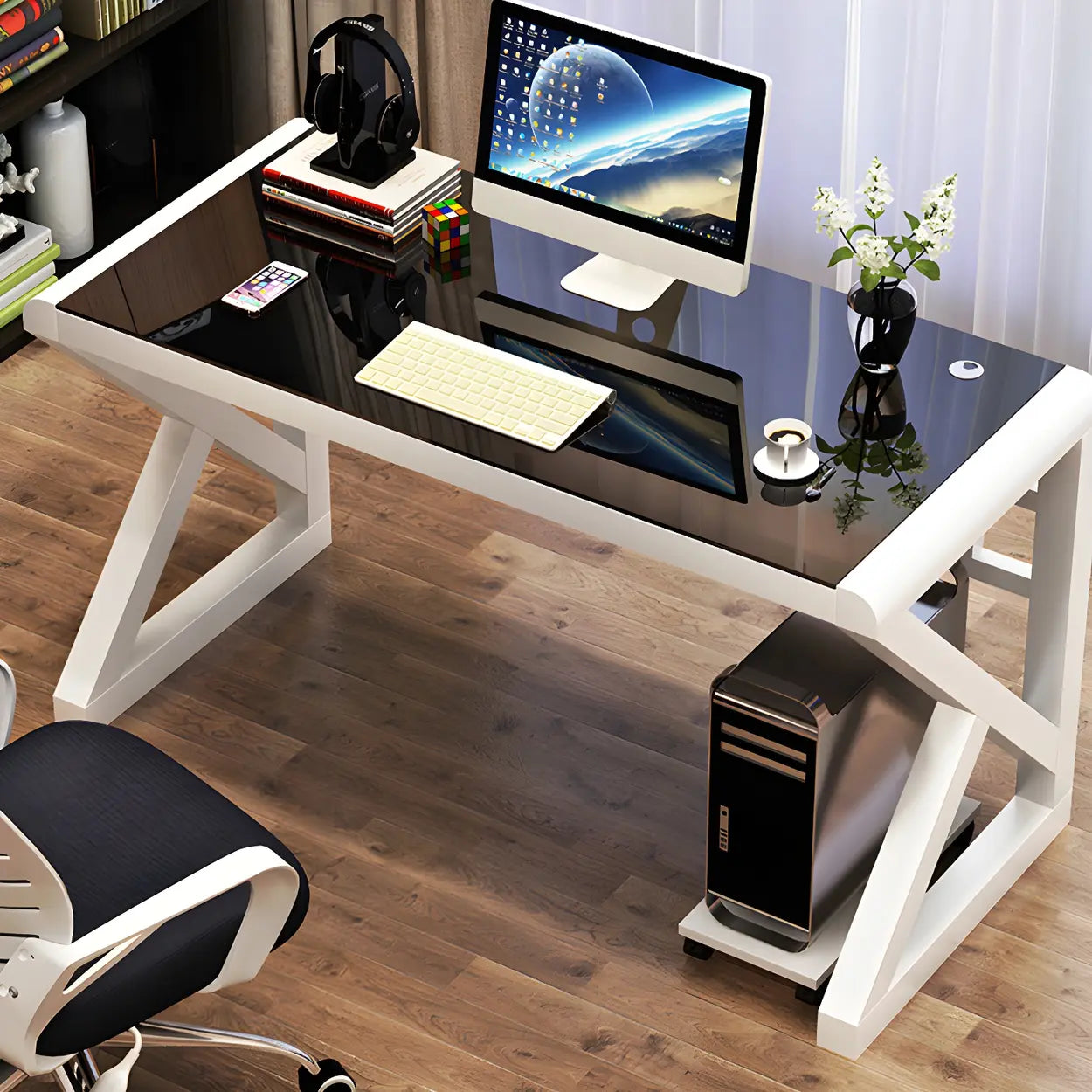 White Glass Steel Sledge Gaming Desk — Black / Table Only