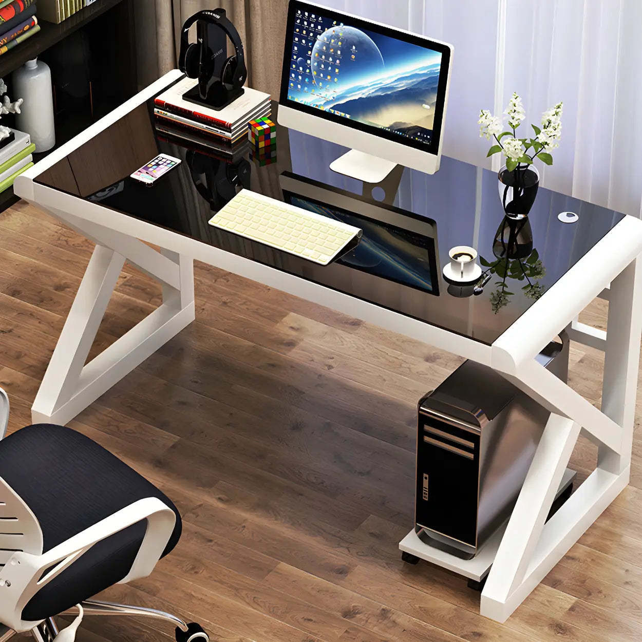 White Glass Steel Sledge Gaming Desk — Black / Table Only