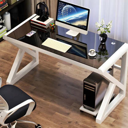 White Glass Steel Sledge Gaming Desk — Black / Table Only