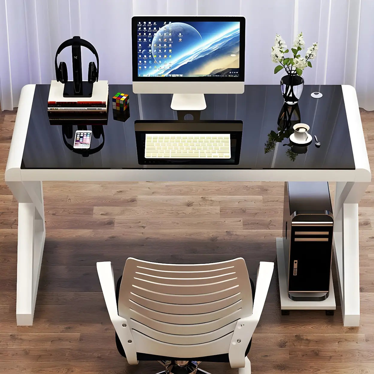 White Glass Steel Sledge Gaming Desk — Black / Table Only