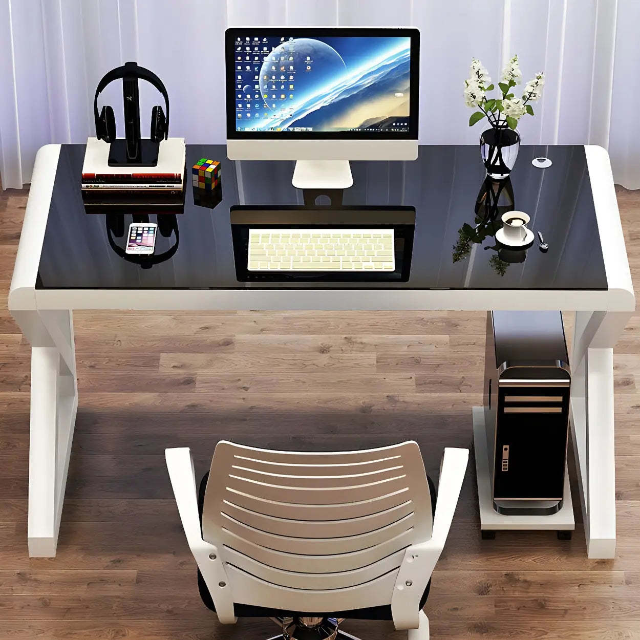 White Glass Steel Sledge Gaming Desk — Black / Table Only