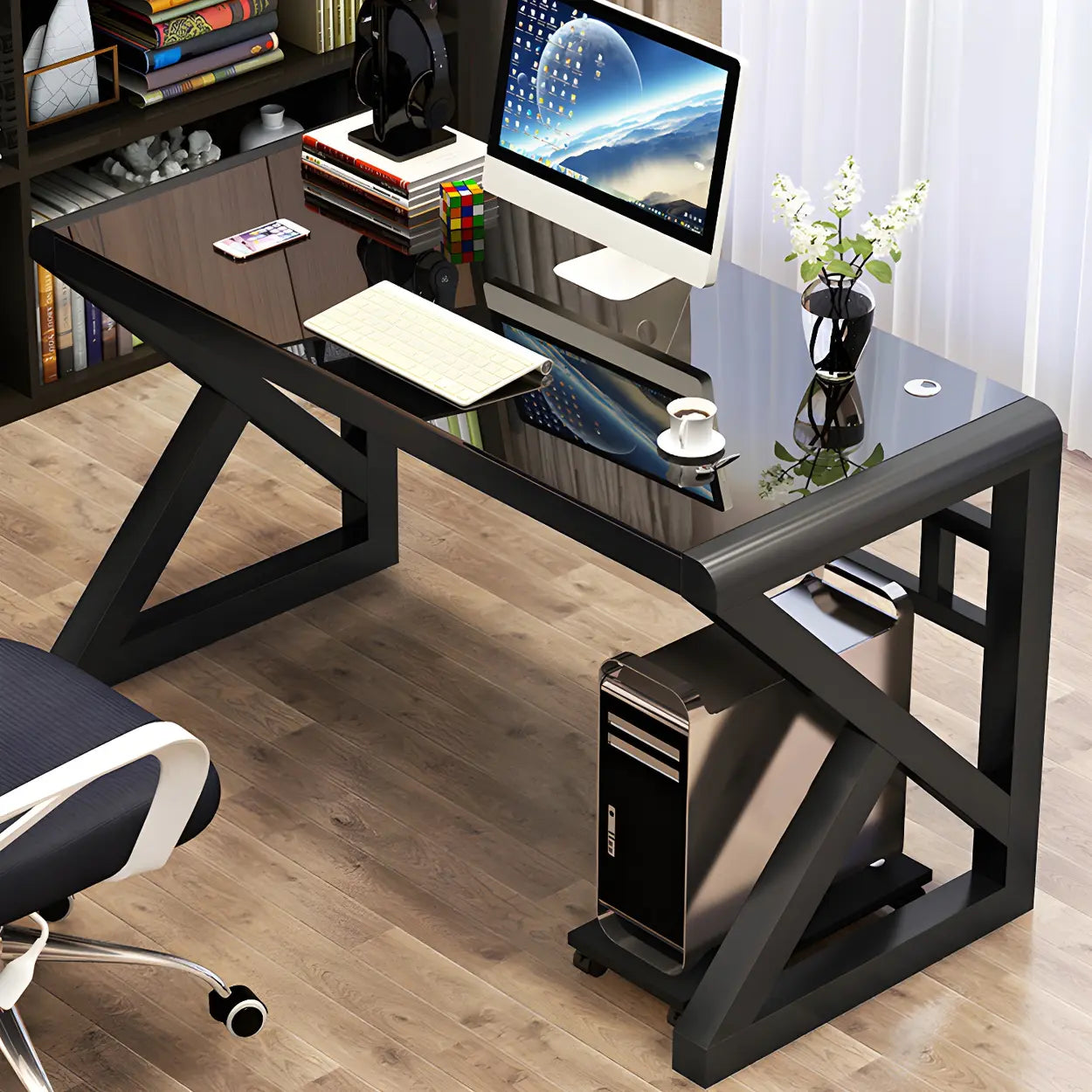 White Glass Steel Sledge Gaming Desk — Black / Table Only