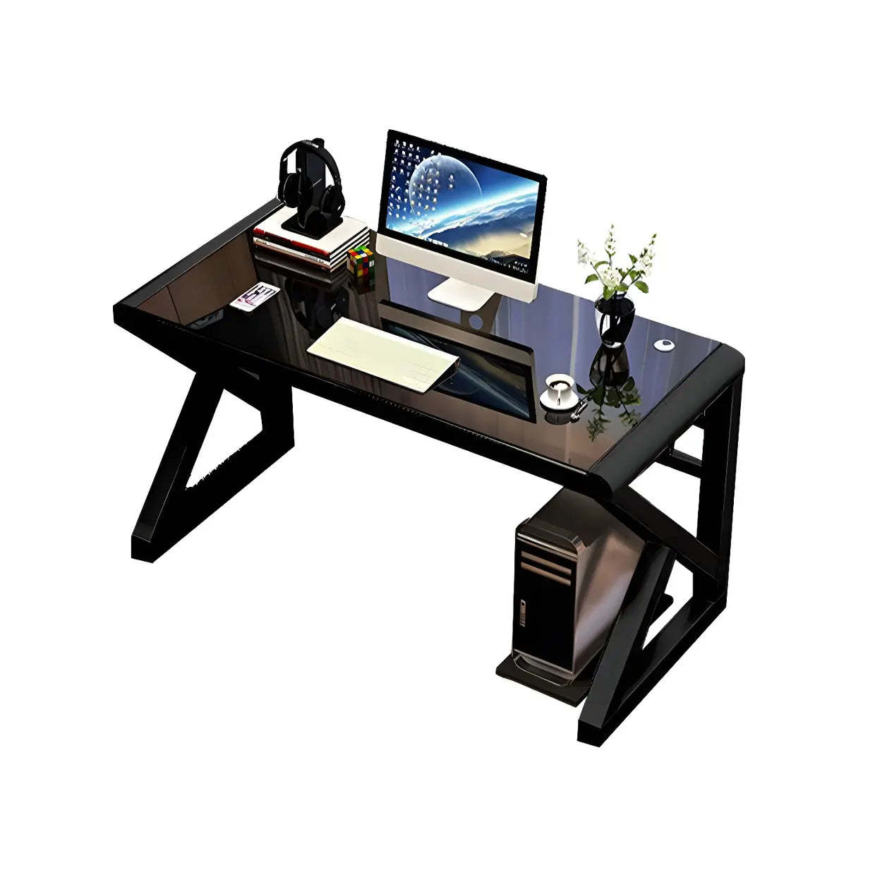 White Glass Steel Sledge Gaming Desk — Black / Table Only