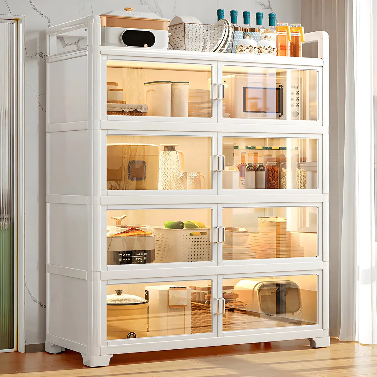 White Glass Shelf Metal Baker's Rack with Cabinets