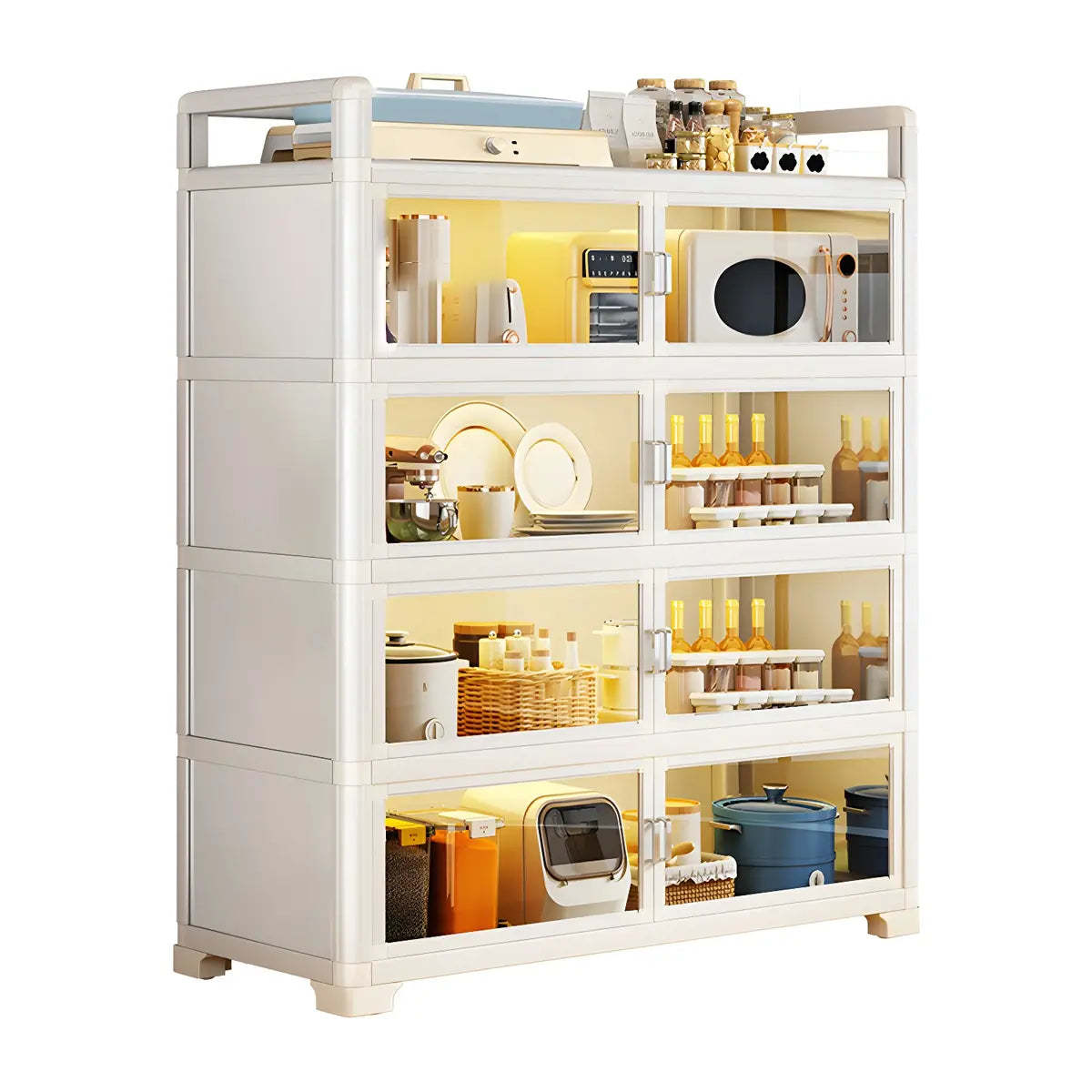 White Glass Shelf Metal Baker's Rack with Cabinets — White