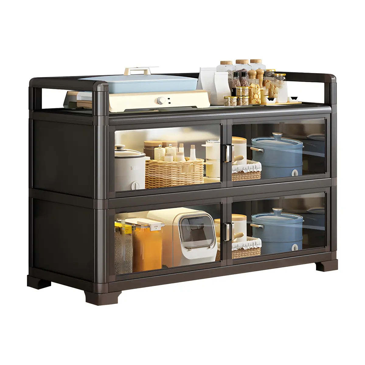 White Glass Shelf Metal Baker's Rack with Cabinets — Black