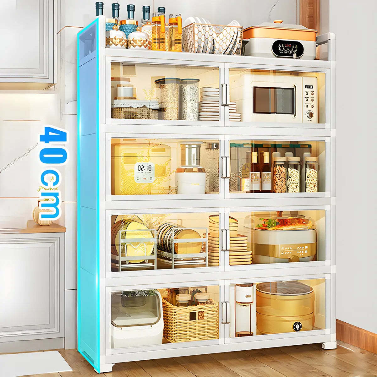 White Glass Shelf Metal Baker's Rack with Cabinets — Black