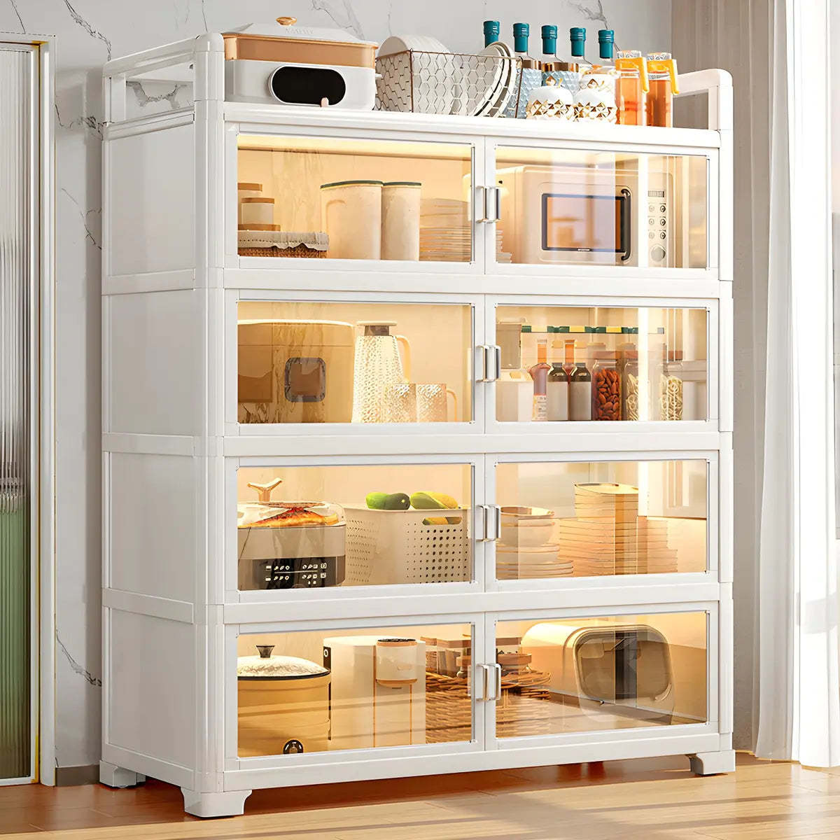 White Glass Shelf Metal Baker's Rack with Cabinets — Black