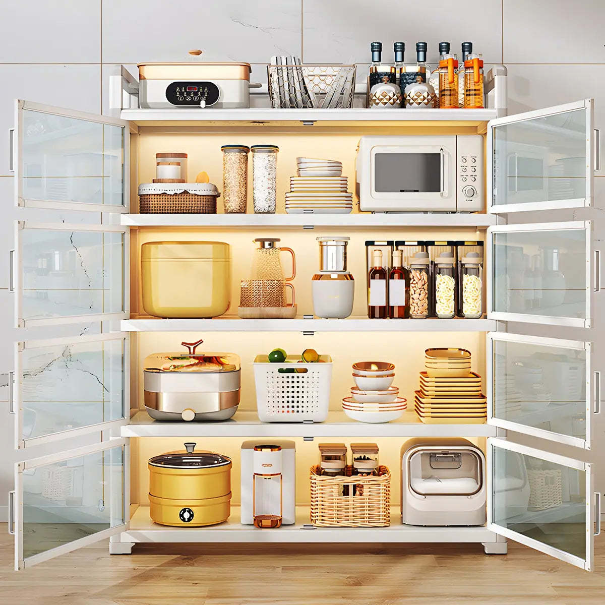 White Glass Shelf Metal Baker's Rack with Cabinets — Black